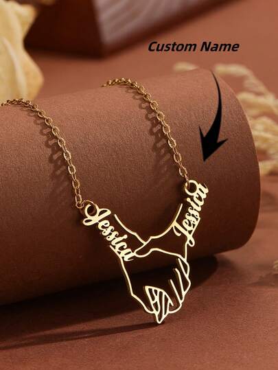 1pc Personalized Hand In Hand Cut-Out Pendant Necklace, Custom Name Necklace, Customizable With 2 Names, Stainless Steel Jewelry, Couple Necklace, Fashion Jewelry, Personalized Necklace, Anniversary, Also As A Commemorative Gift For Good Friends, Custom Gift, Christmas Gift, Valentine's Day Gift, New Year Gift, Anniversary Gift