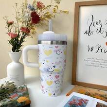 600ml Thermal Mug With Handle, Lid And Straw – Flower Print 1866-600ml - Branco 1 - 查看 5