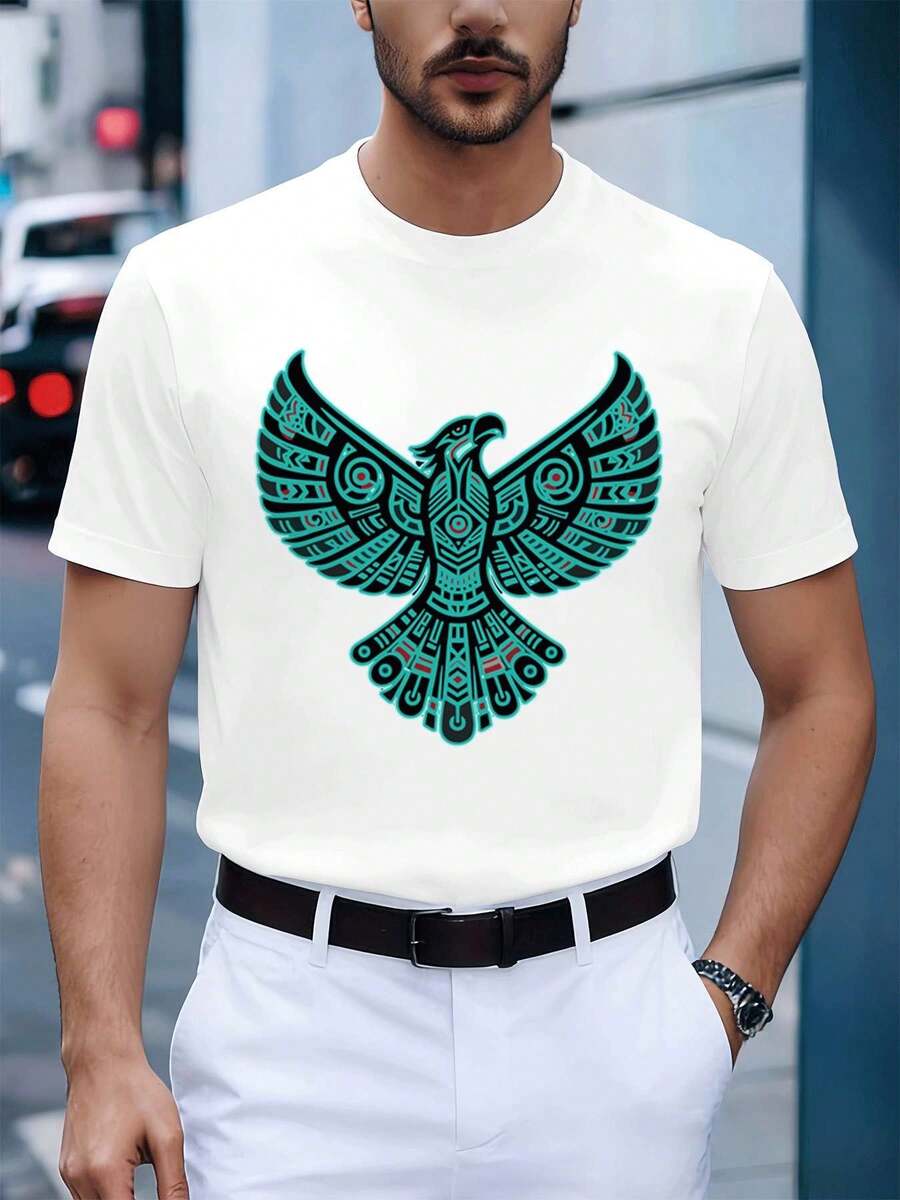 T-shirt con stampa grafica di aquila, primavera, stile street hip-hop, traspirante, stampa artistica - Bianco - Visualizzare 1
