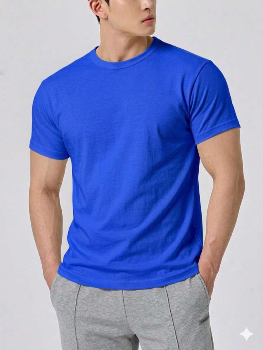 Basic Plain Short-Sleeve T-Shirt, 100% Cotton, 30.1 Combed Yarn - 寶藍色 - 查看 1