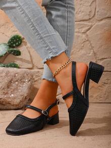 2025新款法式复古皮革方头镂空编织玛丽珍鞋，中跟单带鞋，中国风 - 黑色 - 查看 7