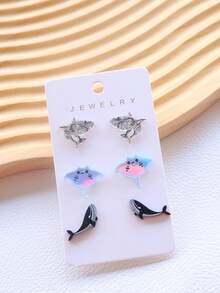 3 Pairs/Set Bling Bling Ocean Style Cute Animal Acrylic Stud Earrings Set, Shark, Manta Ray, Whale, Adorable & Fun Earrings, Holiday Gift - Alien Three-piece Set - View 3