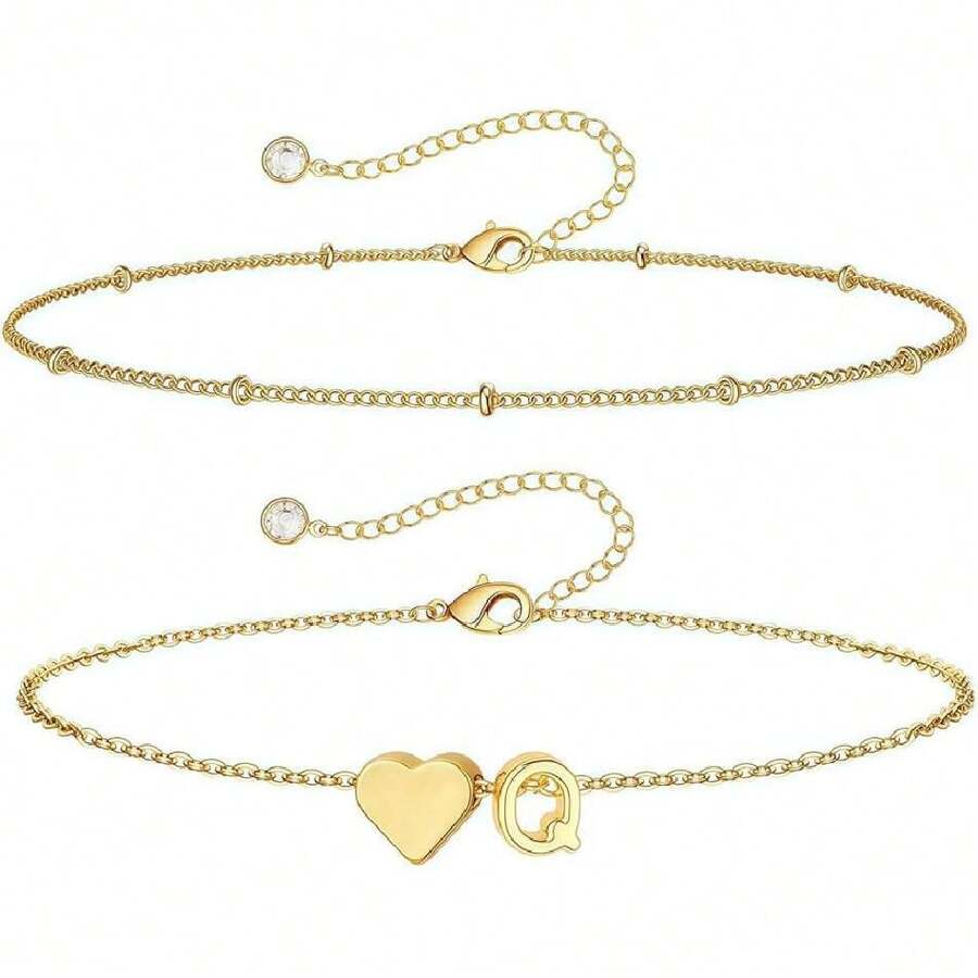 Set Of 1 Gold-Plated Stainless Steel Initial Letter Bracelet With Name Letter, 16 + 5 Cm Ankle, Love Heart Bracelets For Women And Ladies, 43441558 - 棕色 - 查看 1