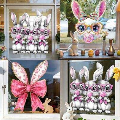 1 Stück rosa Oster-Hase Elektrostatischer Glasaufkleber, PVC elektrostatische transparente Folie/Farbe weiß, abnehmbar, klebefrei, wiederverwendbar, Dekoration für Schlafzimmerfenster, Badezimmerglas Sichtschutz, Küchenfenster Dekoration, Balkontür Verschönerung, geeignet für verschiedene Szenarien in Mädchenwohnheimen