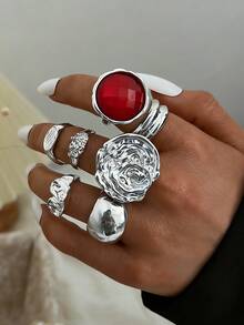 20/13/6件套复古优雅波西米亚风女士不规则褶皱彩色宝石、猫眼石、向日葵、心形组合金属戒指套装，适合日常、派对、婚礼、节日、情人节、约会佩戴（随机发货） - 銀色 - 查看 2