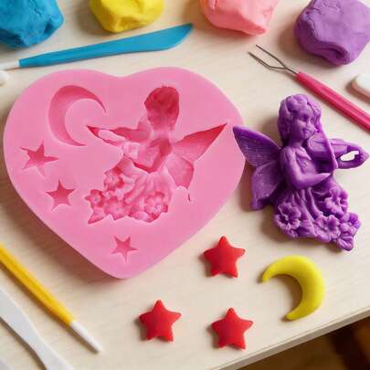 1pc Vintage European Style Silicone Mold With Angel Playing Violin, Moon & Star Design, Handmade Desktop Decor, Suitable For Plaster Painting, Creative Clay Molding, Reusable Silicone Mold