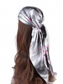 1pc Elegant Artistic Lotus Flower Print Faux Silk Women's Square Scarf, Casual Sun Protection Headscarf - Grey - View 2