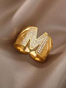 1pc Luxury Zirconia Letter Ring, Stainless Steel Thick Open Band Ring, Fashionable Hip-Hop Jewelry Gift For Women - Yellow Gold - View 5