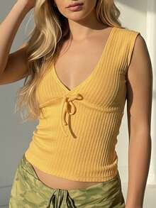 女士时尚深V领无袖罗纹针织上衣，前系带，常规长度 - 黃色 - 查看 6