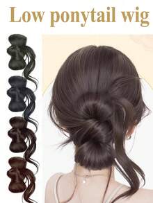 1 Set New Low Ponytail Wig, Curly Women's Hair, Hair Clips, Floral Hair Bun, Natural Fluffy Bottom Half, Faux Braided Hairstyle Set - Multicolor - View 1