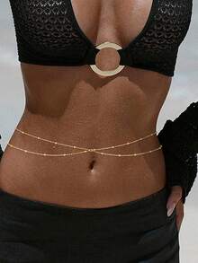 1pc Fashion Pearl Chain Double-Layer Waist Chain For Women, Suitable For Summer, Beach Body Chain Summer Outfits - Gold - View 10