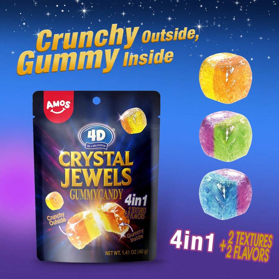AMOS 4D Crystal Jewels Gummy Candy, Novelty Food 1.41oz Bag, Crunchy Outside, 4in1, 2 Textures 2 Flavors, Unique Candy, Gummy Treats - 1 Pack - View 1
