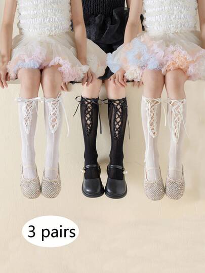 3 Pairs Girls Socks, Summer Lace Ruffle Bow Tie Crisscross Leg Socks, Versatile Breathable Mesh Children Socks, Suitable For Party, Gathering, Daily Wear
