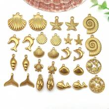 2件套不锈钢海洋动物吊坠，金色海洋海星贝壳海豚海龟吊坠，夏季海滩金属吊坠，夏威夷珠宝制作配件 - 金色 - 查看 8