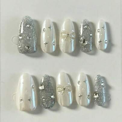 10Pcs Almond-Shaped White & Silver Press-On Nails - Handmade Elegant Celestial Style With Glitter Finish, Star Charms, Rhinestone Accents & 3D Bow Details | Reusable & Removable False Nails For Women & Girls | Perfect For Weddings, Dates, Parties & Daily Wear | BONUS: 1 Sheet Of Jelly Glue & 1 Mini Nail File Included For Easy Application