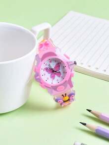 2pcs/Set Gift Cartoon Kids Cute Glowing Butterfly Soft Silicone Strap Pointer Quartz Watch, Creative Pattern For Girl Student - Pink - View 5