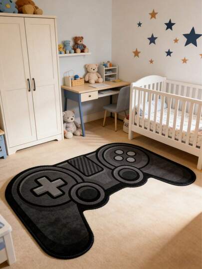 黑色游戏手柄图案毛绒地毯，水晶绒材质，婴儿房装饰垫，装饰地毯，儿童游戏垫，卧室装饰，小地毯，地毯，家居装饰，户外地毯，可水洗地毯