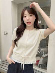 Grey Knit Cardigan Short Sleeve Women Slim Fit Collegiate Style Summer Round Neck Lace Patchwork Thin Top With Drawstring Hem - Apricot - View 3