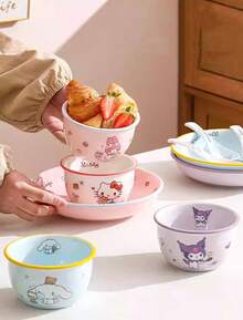 3pcs Sanrio Character Ceramic Rice Bowls, Hello Kitty, Kuromi, Chichi & Lili Designs, Porcelain Material, Colorful Rim, Non-Slip Base, Large Capacity, Microwave & Dishwasher , Heat Resistant, Stackable, Easy To Clean, Cute Tableware, Suitable For Children Boys & Girls, Ideal Gift For Sanrio Fans - Multicolor - View 8