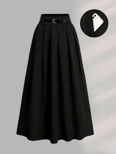 Women Casual Plus Size Solid Color High Waist Pleated A-Line Skirt Black Spring