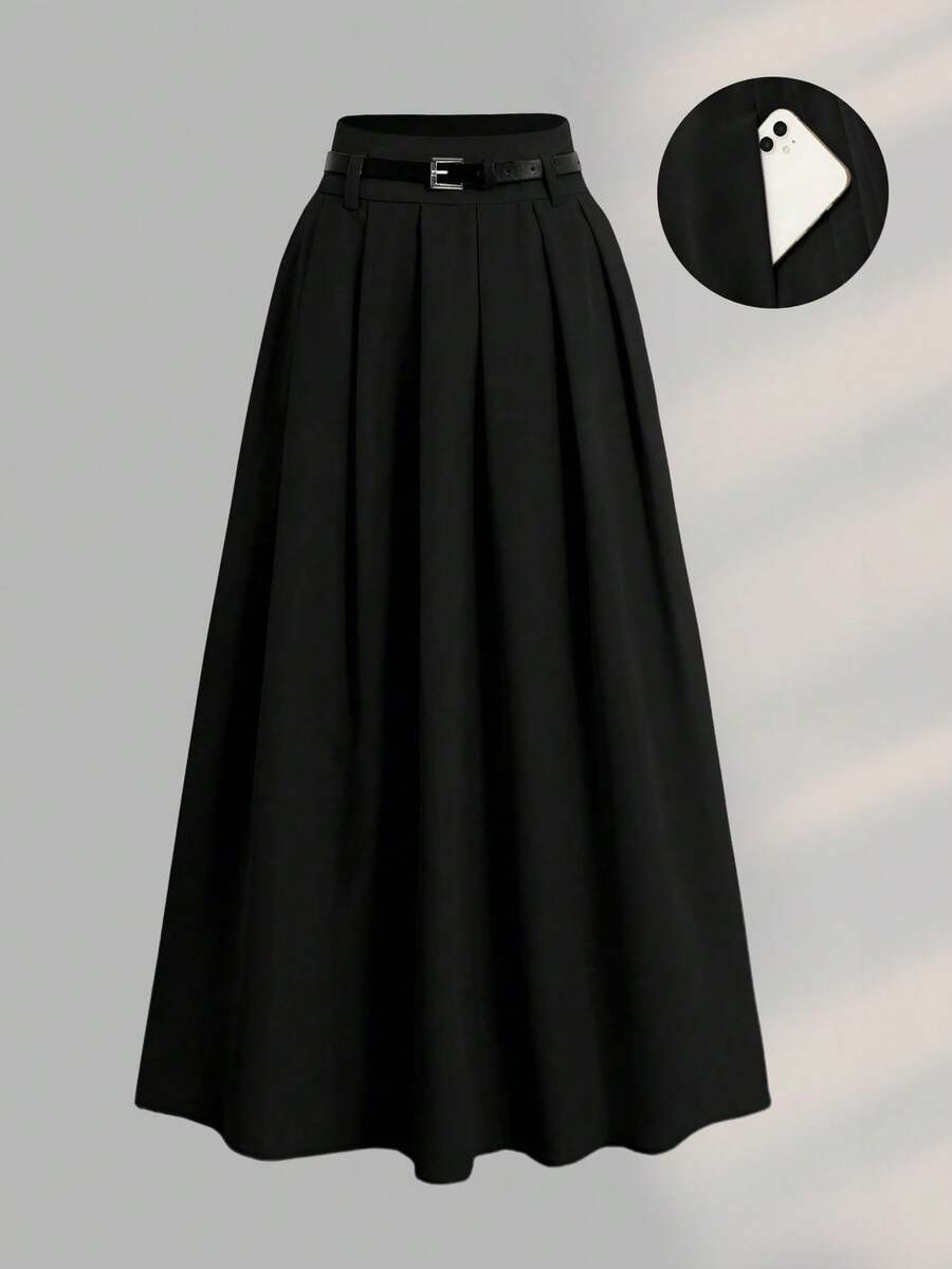 Women Casual Plus Size Solid Color High Waist Pleated A-Line Skirt Black Spring - Black - View 1