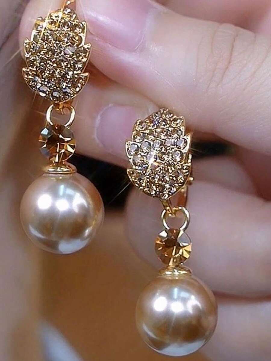 2026新款优雅百搭微镶叶子和仿珍珠耳环，奢华独特耳环 - 彩色 - 查看 1