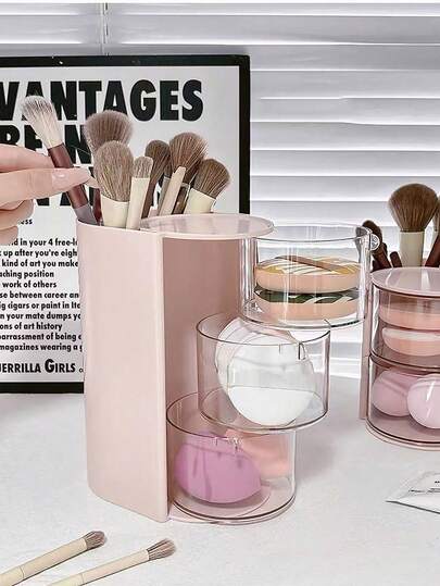 1pc Rotating Desktop Storage Box, Multi-Layer Transparent Jewelry/Accessories Organizer Box, 3-Tier Acrylic Makeup Brush/Cotton Swab/Sponge/Puff Holder With Comb Rack