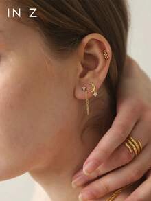 IN Z 1件925纯银镶嵌星月吊坠平底唇钉 | 精致耳钉 | 可叠戴耳环 | 星月耳环 | 925纯银饰品 | 适合女性日常佩戴 | 单件出售（非一对） - 多色 - 查看 6