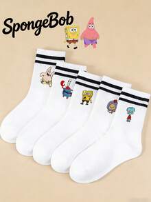 SpongeBob SquarePants 海绵宝宝 1/5 双中筒袜 情侣可爱卡通动漫白色条纹章鱼海星卡通纯色舒适透气日常休闲家居袜 - 彩色 - 查看 1