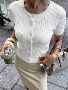 GIGOGOU 时尚夏季抽绳女士针织T恤修身短袖开衫上衣套装 - 白色 - 查看 2