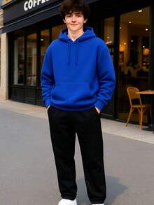 Premium Plain Children's Fleece Set - Basic Kangaroo Hoodie + Pants - Hoodie - Various Colors - Màu xanh lam - Xem 1