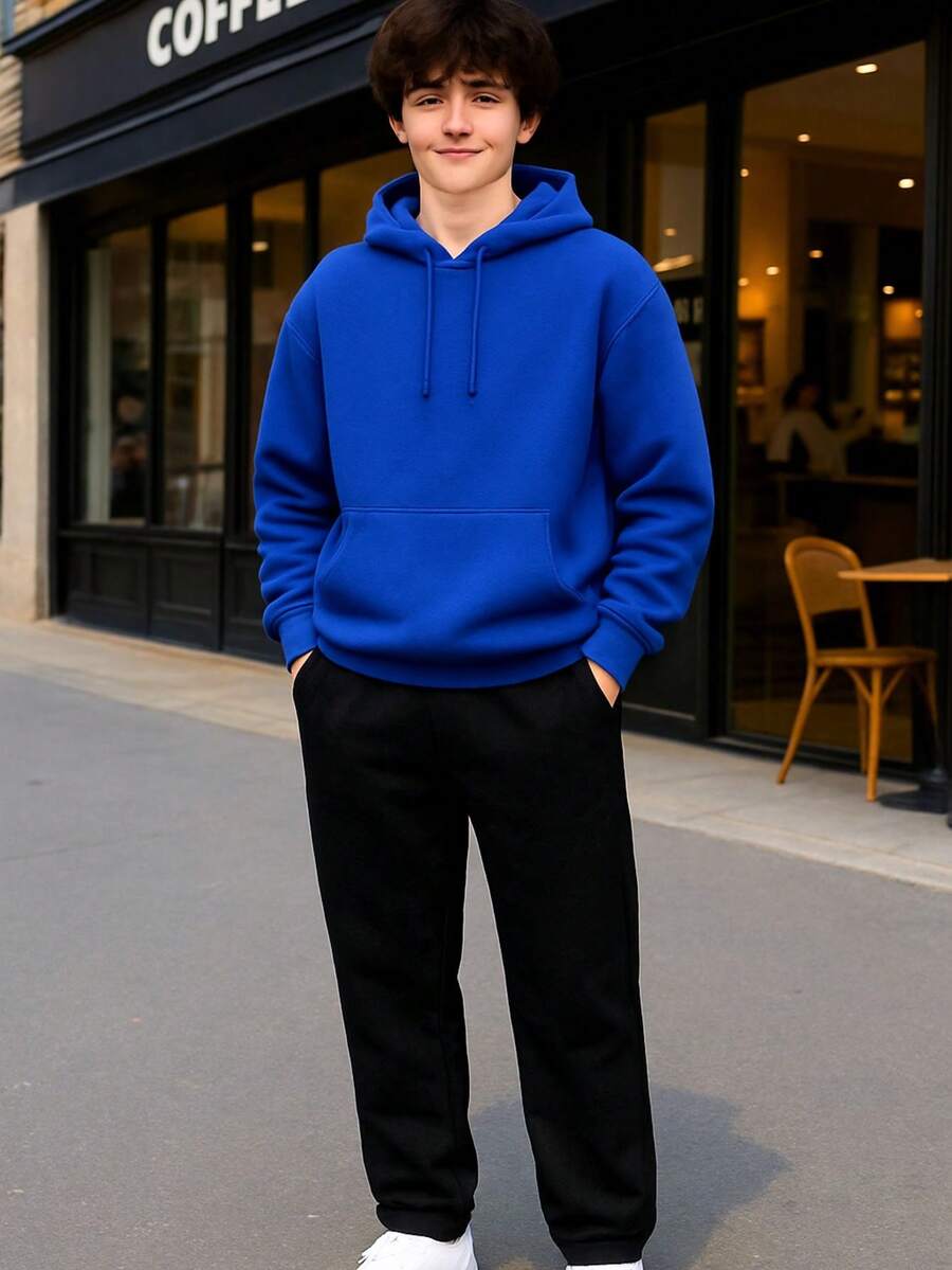 Premium Plain Children's Fleece Set - Basic Kangaroo Hoodie + Pants - Hoodie - Various Colors - Màu xanh lam - Xem 1