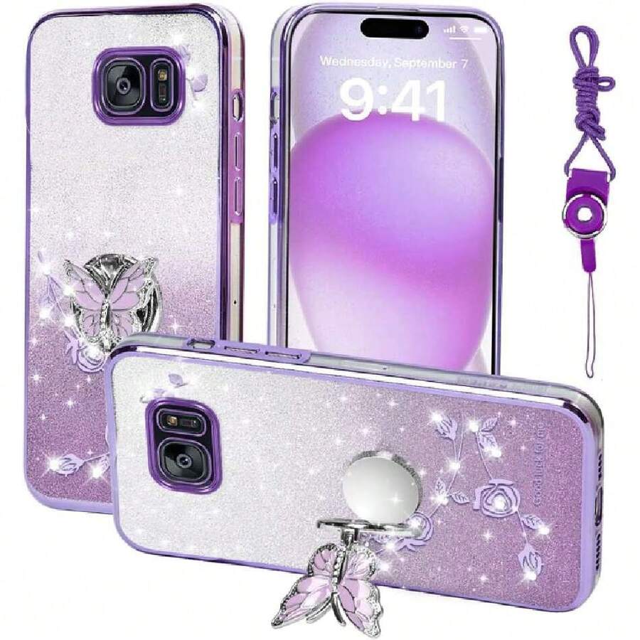 Funda para Samsung Galaxy S7 (no compatible con S7 Edge), funda para teléfono celular para mujeres y niñas, funda protectora de TPU con mariposa floral con soporte y correa para Samsung S7,43343039 - Naranja Coral - Ver 1