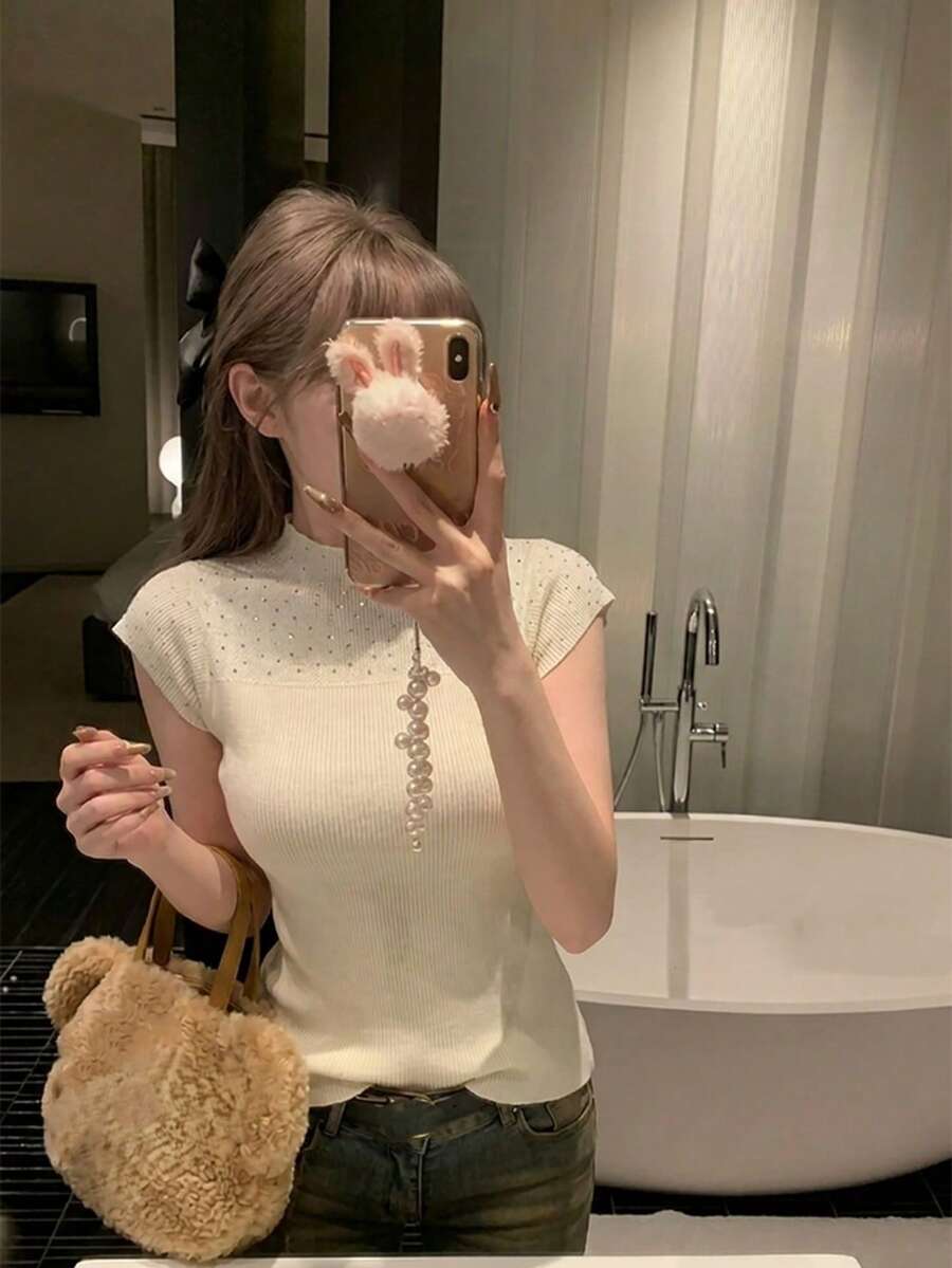 韩式简约百搭半高领修身针织上衣 夏季 - 杏色 - 查看 1