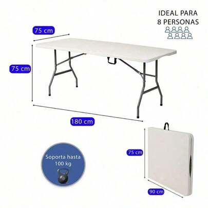 Mesa Plegable Grande De Plastico 180cm Para Jardin Blanco