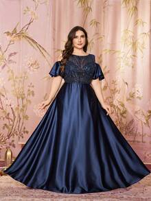 Đầm dạ hội SUPGIR Plus dành cho nữ, cổ tròn, tay bồng, phối sequin và vải lưới satin, kiểu dáng thanh lịch, ôm sát. - Màu xanh hải quân - Xem 3