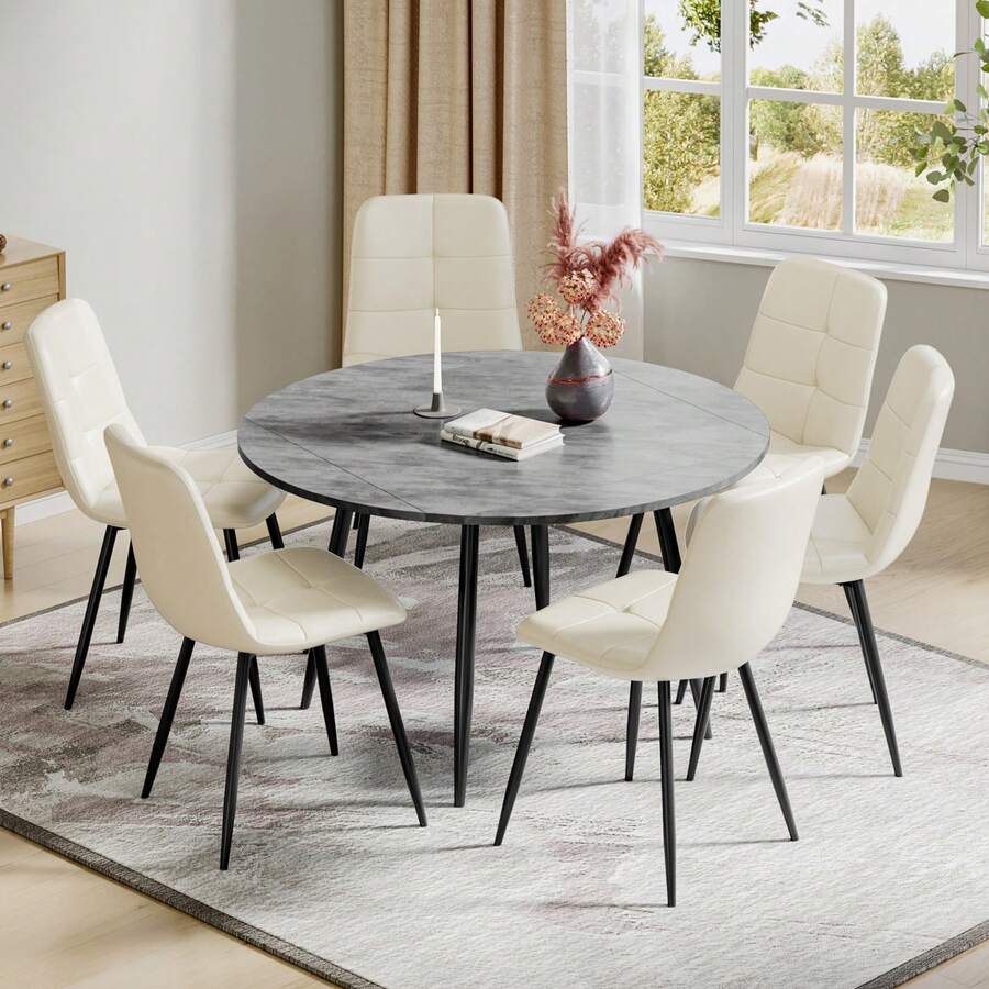 Dining Table And Chairs Set Of 4, Extendable Round Table Concrete Effect Folding Table With Upholstered Linen Chairs For Dining Room,Kitchen - Cement Gray Table + PU Rice Chair - View 1