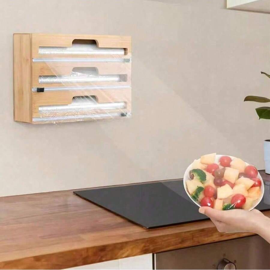 Bamboo Kitchen Wrap Organizer Wall Mounted Solid Bamboo Aluminum Foil & Plastic Wrap Dispenser With Slide Cutter - Khaki - View 1