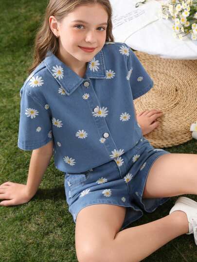 2pcs/Set Tween Girl Oversized Casual Chic Loose Thin Retro Blue Denim Daisy Print Shirt & Shorts Set, Summer