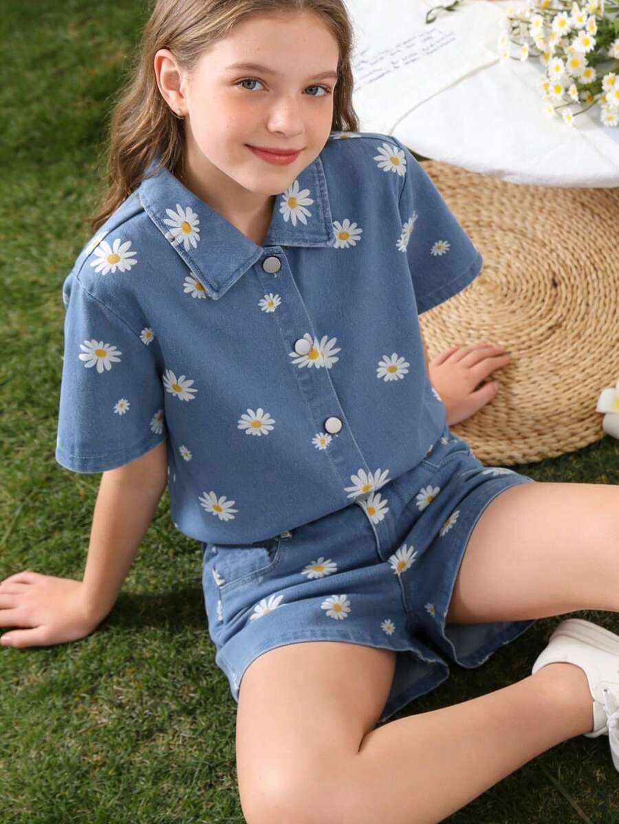 2件套少女宽松休闲时尚复古蓝色牛仔雏菊印花衬衫短裤套装，夏季 - 淺色水洗藍 - 查看 1