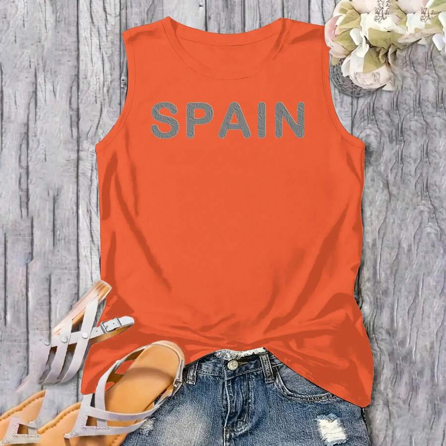 Women's SPAIN Letter Print Casual Sleeveless Tank Top - Orange - View 1