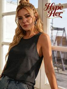 HypeHer New Summer 2026 Women's Versatile Commuter Pure Color Round-Neck Tank Undershirt Streetwear Slim Fit Camisole Tank Top, Spring/Summer, Summer Outfits For Women. - 深灰色 - 查看 2