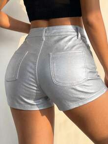 女士银色涂层面料直筒拉链短裤 - 啞銀色 - 查看 2