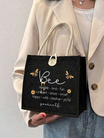 Honey Bee Printed Handbag And Small Bag Set - Inspiring Words Of "Humility, Kindness, And Fun" 2 Pieces Canvas Handbag - Fashionable Handbag With Matching Zipper Small Bag, Reusable "Happiness" Design Shopping Bag, Women's Portable Daily Handbag Suitable For Grocery Shopping, Travel, Work, And Leisure Outing, Christmas Gifts, Thanksgiving Gifts, Valentine's Day Gifts, Mother's Day Gifts, Teacher's Day Gifts, Wedding Season, Homecoming Season