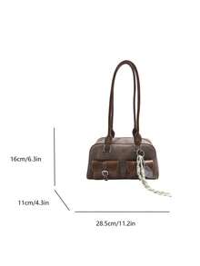 Faux Leather Solid Color Retro Multi-Pocket Large Capacity Women's Shoulder Bag, Comes With Accessory Charm (Accessory Charm May Vary Slightly By Batch) - Coffee - View 4