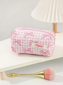Bolsa de viaje multifuncional de gran capacidad con estampado de lazo y cuadros, bolsa de maquillaje rosa con lazo de guinga, bolsa de maquillaje rosa con lazo de guinga, organizador de cosméticos acolchado con asa, 3 tamaños para viaje y uso diario, bolsa de maquillaje rosa con lazo a cuadros, estética, bolsa de cosméticos acolchada, bolsa de aseo portátil de viaje para niñas - Rosa - Ver 9