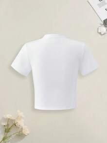 Juniors' Graphic Print Cropped Top, Casual Summer Fitted Short Sleeve Crop Tee, Girls' Comfortable Fit Cropped T-Shirt - White - View 3