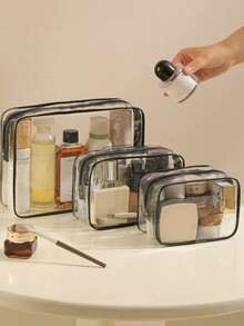 10件套女士大容量拉链化妆旅行收纳包 - 高品质化妆包和洗漱包，轻便PVC材质，易清洁拉链设计，适合健身、度假、通勤，时尚简约设计，美容必备 - 無色 - 查看 2