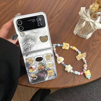 Cartoon Bear Dessert Pattern Foil Texture Foldable Phone Case With Chain, Compatible With Samsung Galaxy Z Flip3 5G/Galaxy Z Flip 4 5G/Galaxy Z Flip 5 5G/Galaxy Z Flip 6 5G/Galaxy Z Flip 7 5G, Cute Cartoon Foldable Protective Cover