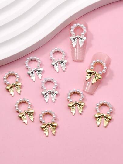 10件装金色珍珠蝴蝶结美甲装饰品，镶钻奢华金属美甲饰品，无香型DIY美甲用品